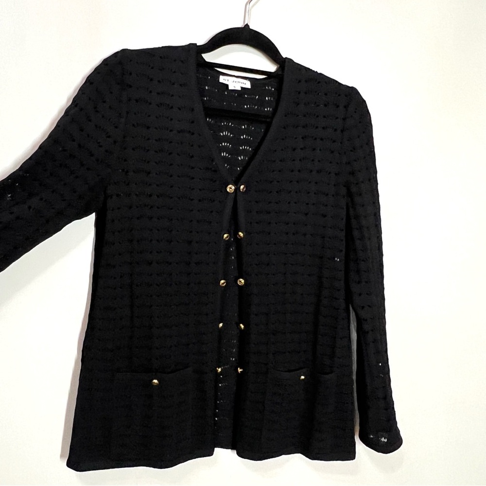 St. John Open Knit Black Santana Cardigan Sweater Gold Button Size Small